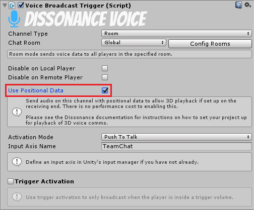 A broadcast trigger with positional audio enabled